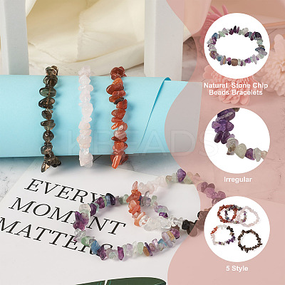 5Pcs 5 Style Natural Mixed Stone Chip Beads Stretch Bracelets for Women BJEW-FW0001-03-1