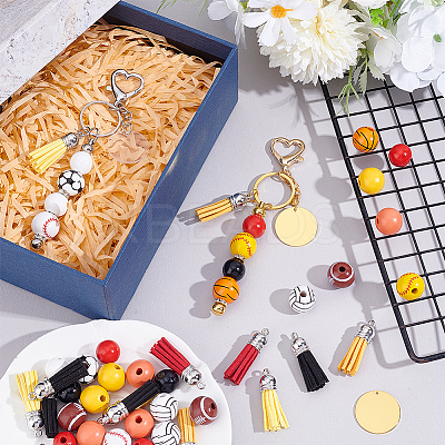 DIY Wood Sports Ball Beadable Keychain Jewelry Making Kits DIY-PH0023-91-1