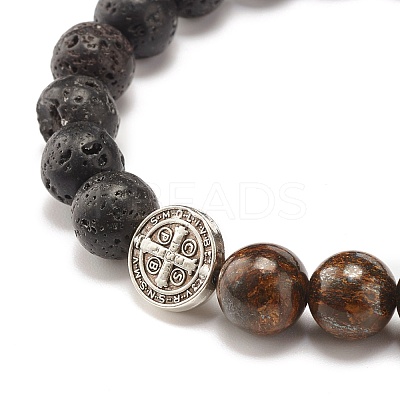 Natural Bronzite & Lava Rock Round Beads Stretch Bracelet BJEW-JB07457-1