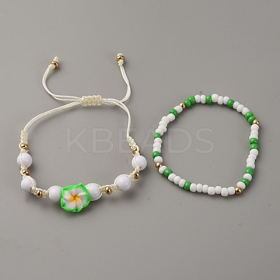 2Pcs Glass Seed Round Beads Stretch Bracelets & Plumeria Resin Beads Braided Bead Bracelets for Women BJEW-WH0023-64A-1