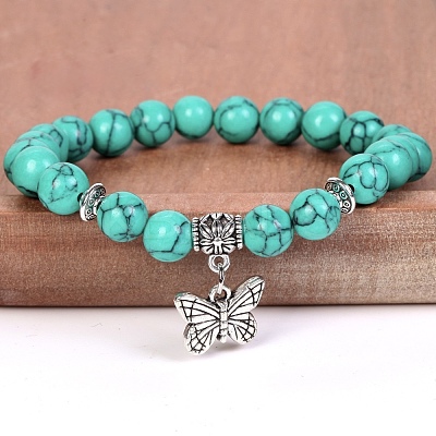 8MM Round Dyed Synthetic Turquoise Beaded Stretch Bracelets with Alloy Butterfly Charms FQ7211-14-1
