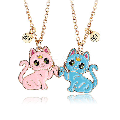2Pcs Zinc Alloy Enamel Magnetic BFF Cat Shaped Split Pendant Friendship Necklaces for Girls FS-WG880EB-04-1