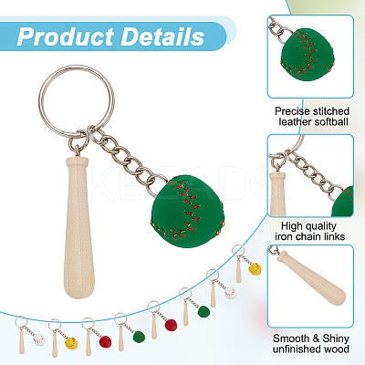 12Pcs 4 Colors Mini Baseball PU Leather Pendant Keychain with Wood Baseball Bat DIY-OC0011-25-1