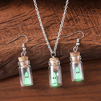 Halloween Luminous Ghost Glass Drift Bottle Pendant Necklaces & Dangle Earrings Sets FS-WG90D60-01-1