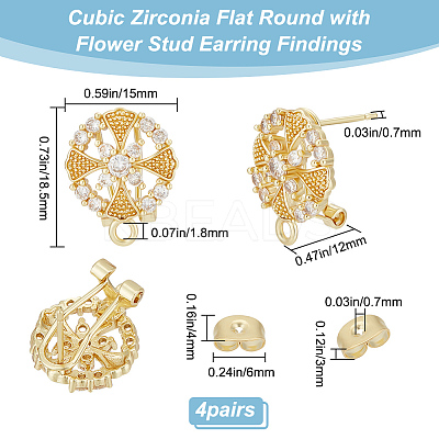 4 Pairs Brass Micro Pave Cubic Zirconia Flower Stud Earring Findings KK-BBC0008-01-1