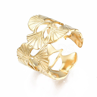 304 Stainless Steel Ginkgo Leaf Wrap Open Cuff Ring X-RJEW-T023-28G-1