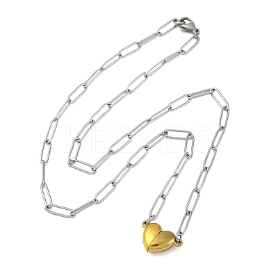 304 Stainless Steel Double-Sided Magnetic Heart Pendant Paperclip Chain Necklaces NJEW-U028-02G-1