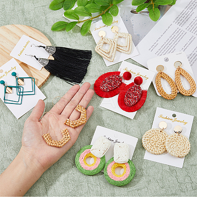8 Pairs 8 Style Alloy & Raffia & Wood & Polyester Dangle Stud Earrings for Women EJEW-FI0002-76-1