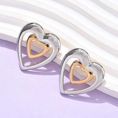 304 Stainless Steel Two Tone Heart Stud Earrings EJEW-C142-14PG-1