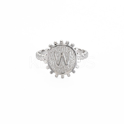 Non-Tarnish 304 Stainless Steel Flat Round with Initial Letter Open Cuff Ring for Men Women RJEW-S405-246P-W-1