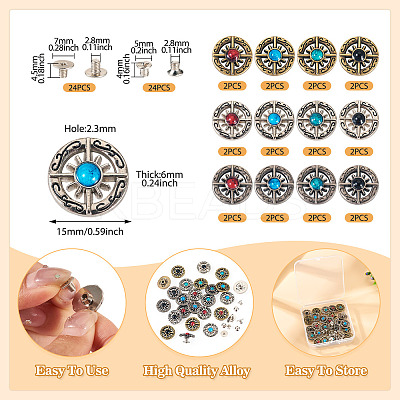 24 Sets 12 Colors Alloy Synthetic Stone Beads Buttons BUTT-TA0001-22-1
