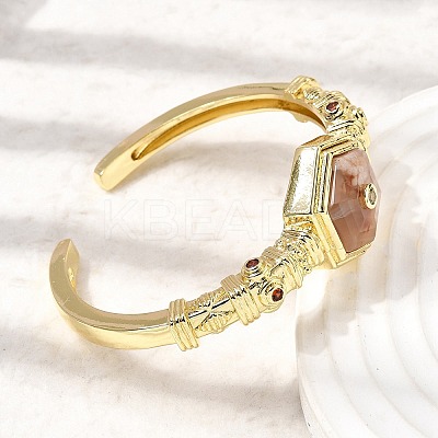 Hexagon Brass Pave Natural Cherry Blossom Agate & Cubic Zirconia Cuff Bangles for Women BJEW-Z172-01G-05-1