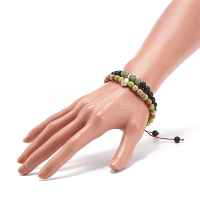 2Pcs 2 Style Natural Imperial Jasper(Dyed) & Green Aventurine & Lava Rock Braided Bead Bracelets Set with Alloy Shell BJEW-JB08476-1