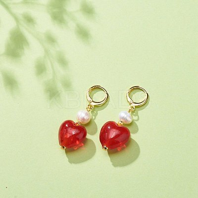Red Glass Heart with Natural Pearl Dangle Leverback Earrings EJEW-TA00129-1