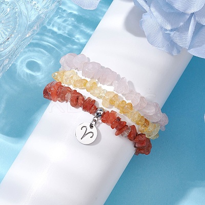 3Pcs 3 Styles Natural Rose Quartz & Citrine & Red Agate Chips Stretch Bracelets Sets BJEW-JB11076-03-1