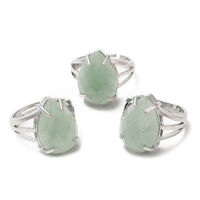 Natural Green Aventurine Teardrop Adjustable Rings RJEW-K241-03P-13-1