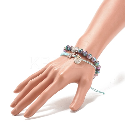 2Pcs 2 Style Natural Lava Rock & Synthetic Hematite Stretch Bracelets Set with Alloy Shell BJEW-JB08028-1