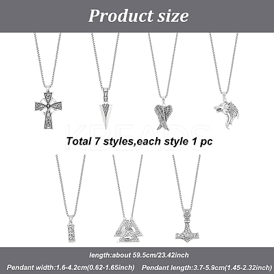 7Pcs 7 Style Arrow & Wolf & Cross & Axe & Wing Pendant Necklaces Set NJEW-AN0001-44-1