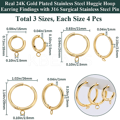 12Pcs 3 Style 201 Stainless Steel Huggie Hoop Earring Findings STAS-BBC0004-91G-1