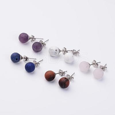 Round Natural Frosted Tiger Eye/Lapis Lazuli/Rose Quartz/Howlite/Amethyst Stud Earring Findings EJEW-JE02184-1