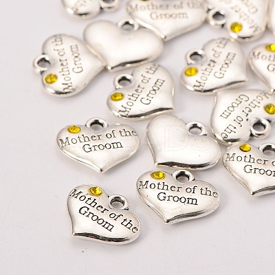Wedding Theme Antique Silver Tone Tibetan Style Alloy Heart with Mother of the Groom Rhinestone Charms TIBEP-N005-17D-1