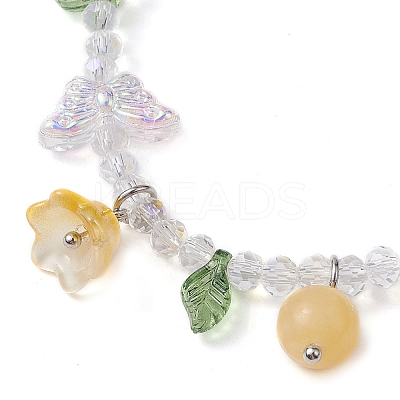Dyed Natural Mixed Stone & Glass Beaded Stretch Bracelet with Flower Charms BJEW-JB10176-04-1