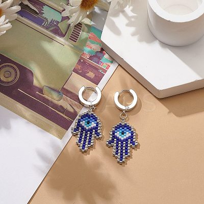 Glass Seed Braided Hamsa Hand with Evil Eye Dangle Hoop Earrings EJEW-MZ00008-1