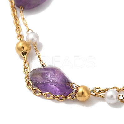 Nuggets Natural Amethyst & Imitation Pearl Multi-Strand Bracelets BJEW-P326-02A-G-1
