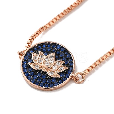 Rack Plating Brass Micro Pave Clear & Dark Blue Cubic Zirconia Box Chain Lotus Flower Link Slider Bracelets BJEW-G716-01RG-1