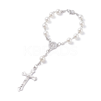 Religious Prayer Imitation Pearl Beaded Rosary Bracelet BJEW-O140-01P-1