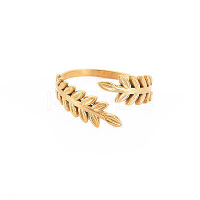 Ion Plating(IP) 304 Stainless Steel Leaf Open Cuff Ring for Women RJEW-S405-190G-1