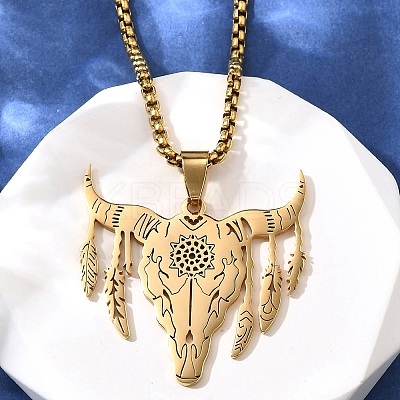 Punk Style 201 Stainless Steel Laser Cut Cattle Head Pendant Box Chain Necklaces for Women Men NJEW-E156-04G-1