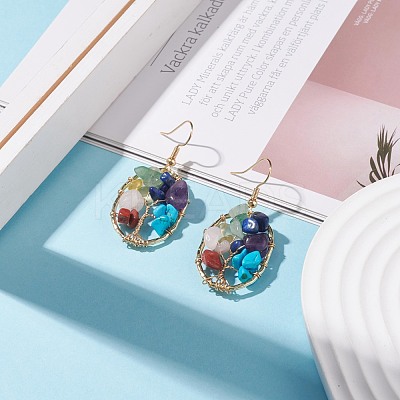 Natural & Synthetic Mixed Gemstone Chips Oval with Tree of Life Dangle Earrings EJEW-JE04880-01-1