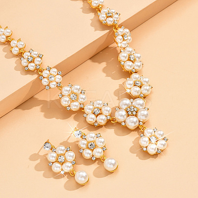 Flower Alloy Crystal Rhinestone & Plastic Pearl Link Chain Necklaces & Stud Dangle Earrings Sets FS-WGC22CC-01-1