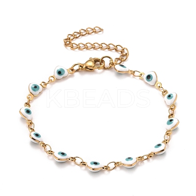 Enamel Heart with Evil Eye Link Chains Bracelet BJEW-P271-07G-02-1