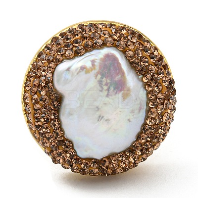 Natural Pearl Oval Open Cuff Ring with Rhinestone RJEW-D005-05G-1