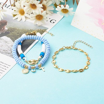 5Pcs 5 Style Handmade Polymer Clay Stretch & Brass Beaded & Alloy Link Chain Bracelets Set BJEW-SZ0001-66D-1