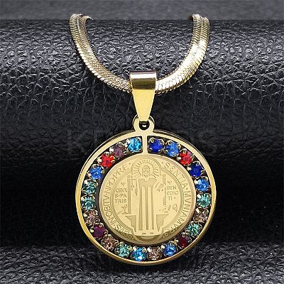 Colorful Rhinestone Saint Benedict Pendant Necklaces NJEW-G123-01G-1