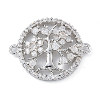 Rack Plating Brass Clear Cubic Zirconia Flat Round with Tree Connector Charms KK-A234-033P-1