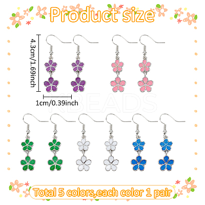 5 Pairs 5 Colors Alloy Enamel Flower Dangle Earrings EJEW-AN0004-76-1