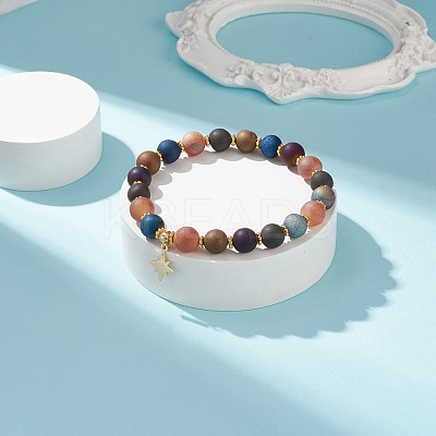 Natural Agate Round Beaded Stretch Bracelet with Brass Star Charm BJEW-JB08647-1