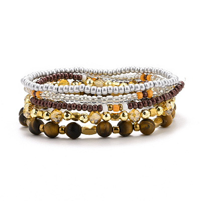 5Pcs 5 Style Natural Frosted Tiger Eye & Synthetic Hematite & Glass Sead Beads Stretch Bracelets Set BJEW-JB07670-01-1