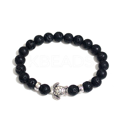 Natural Lava Rock Round Beaded Stretch Bracelet with Turtle UL4697-4-1