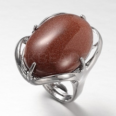 Adjustable Oval Brass Synthetic Goldstone Wide Band Rings RJEW-L062-03H-1