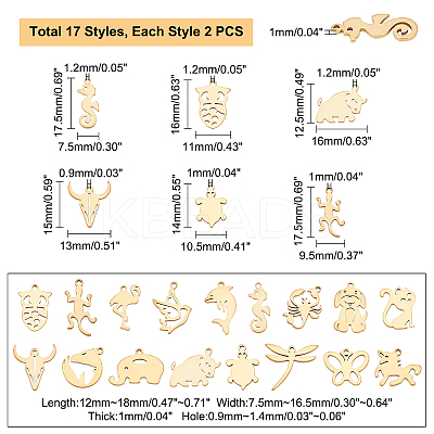 34Pcs 17 Style 304 Stainless Steel Pendants STAS-UN0024-20-1