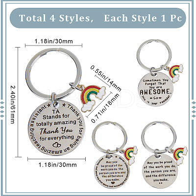 4Pcs 4 Styles  Teacher's Day Stainless Steel Flat Round with Word Pendant Keychain KEYC-GF0001-11-1