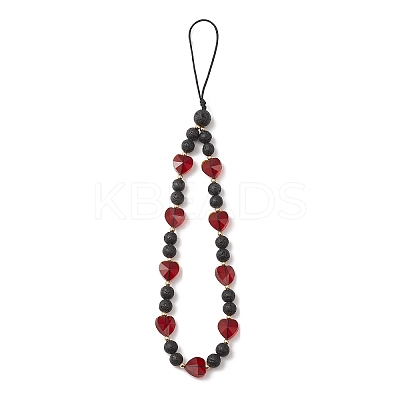 Round Natural Lava Rock & Heart Glass Beaded Mobile Straps HJEW-TA00027-1