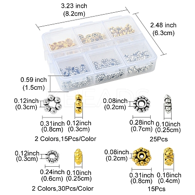 140Pcs 6 Styles Tibetan Style Alloy Spacer Beads FIND-FS0002-51-1