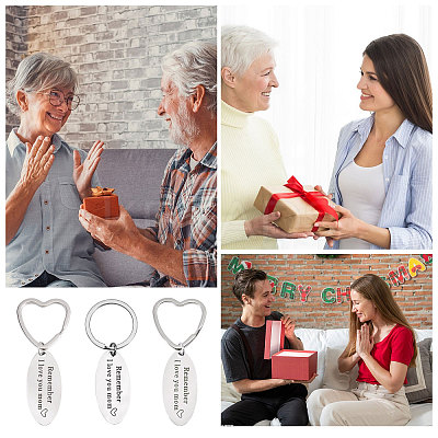 6Pcs 2 Styles Mother's Day Oval with Word Remember I Love You Mom Stainless Steel Keychain AJEW-GO0001-57-1