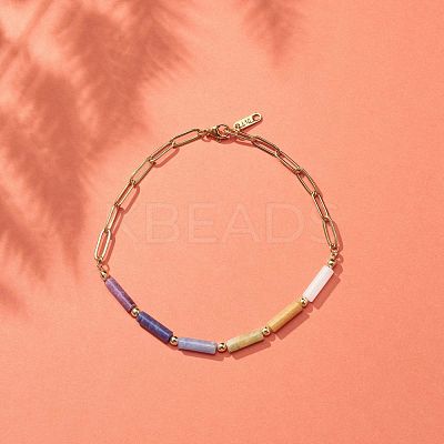 Natural Mixed Gemstone Column Beaded Anklet with Brass Paperclip Chains for Women AJEW-AN00494-1